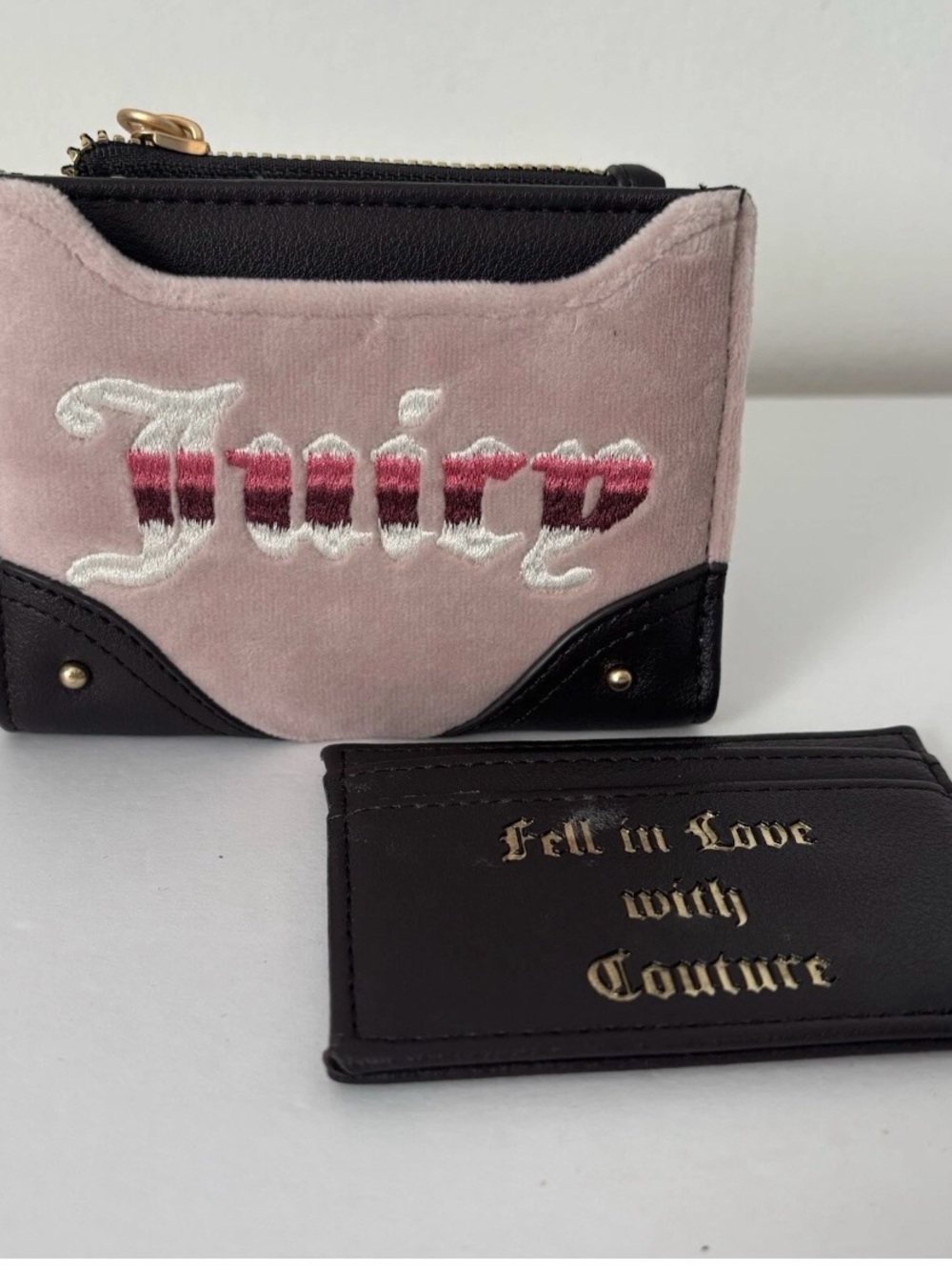 Juicy Couture Pink Velvet & Black Zip Card Wallet with Gold Accents NWT